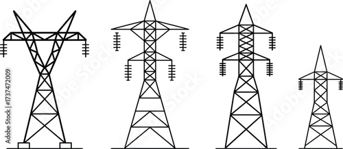Black and white line art illustration of four different electricity pylons, high voltage transmission towers, electrical engineering design