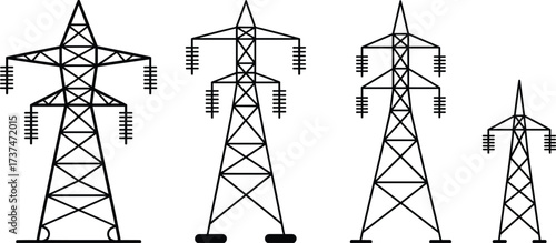 Black and white line art illustration of four different electricity pylons, high voltage transmission towers, electrical engineering design