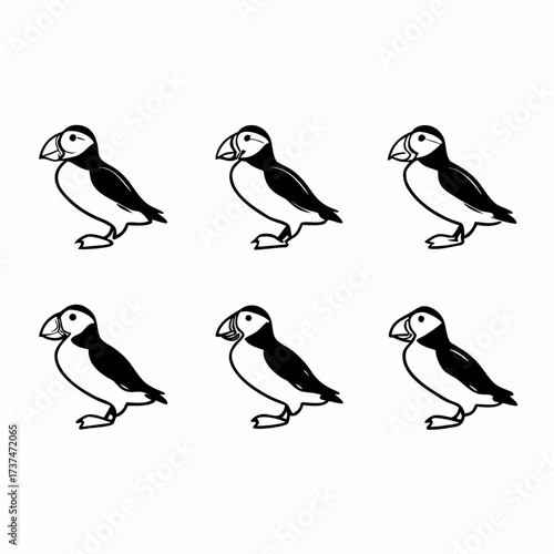 Six puffins arranged in a grid, some are black and some are white