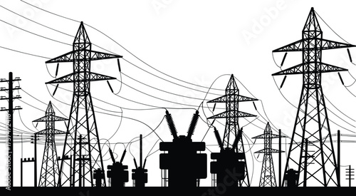 Black and white silhouette illustration of electricity substation with transformers, pylons, and high voltage power lines in infrastructure scene