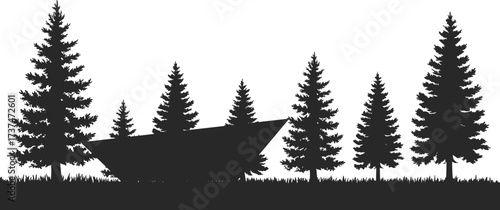 Black pine tree forest silhouette illustration, evergreen conifer tree row design, natural woodland landscape art, winter holiday background