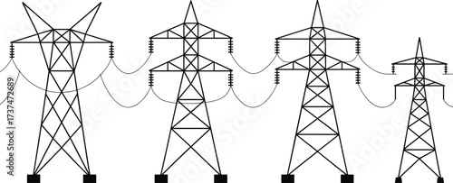 High voltage power lines illustration with transmission towers, electricity pylons, energy grid infrastructure, electrical engineering vector design in black and white