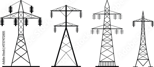 High voltage power lines illustration with transmission towers, electricity pylons, energy grid infrastructure, electrical engineering vector design in black and white