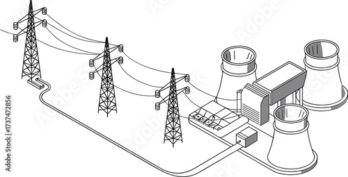 Isometric illustration of power plant with cooling towers, electricity transmission pylons, and power lines for energy engineering and infrastructure
