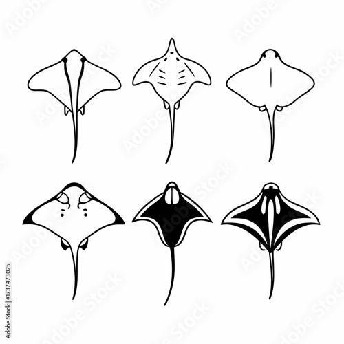 Set of various stingray silhouettes, showcasing diverse species and designs in black and white