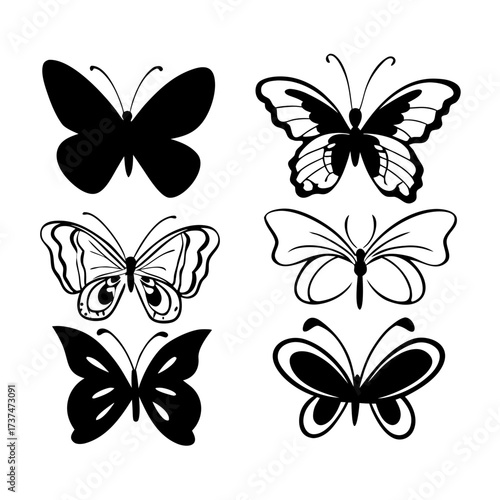 Collection of six butterfly silhouettes in various styles, for design elements