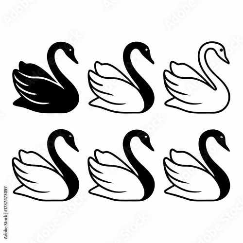 Set of six swan silhouettes in various styles, for design elements
