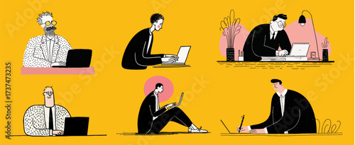 Creative doodle illustration of businessmen working on laptops in modern office settings