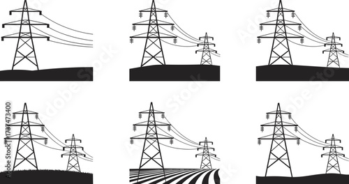 Set of six black and white silhouette illustrations of electricity pylons with power lines in landscape and infrastructure scenes