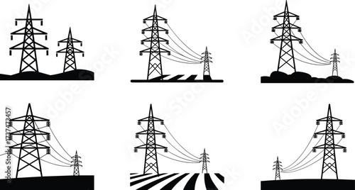 Set of six black and white silhouette illustrations of electricity pylons with power lines in landscape and infrastructure scenes