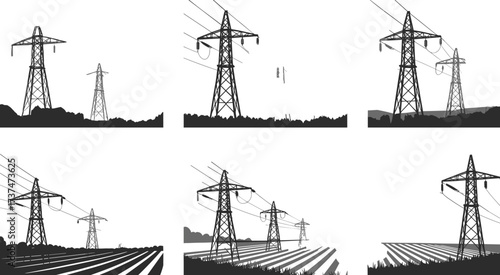 Set of six black and white silhouette illustrations of electricity pylons with power lines in landscape and infrastructure scenes
