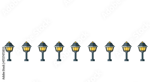 Row of Stylized Street Lamps with Glowing Yellow Light.