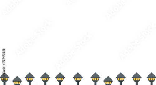 Row of Gray Street Lamps with Yellow Light.