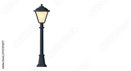 Isolated Black Streetlight with Glowing Lamp Illustration.