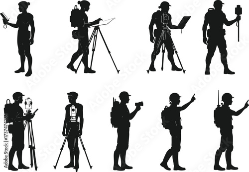 Silhouettes of surveyors, GPS mapping, tripod setup, geospatial workers, land measurement, outdoor data collection, engineering fieldwork, digital surveying tools, teamwork