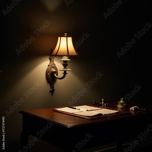 Wall lamp casting moody glow over wooden writing desk