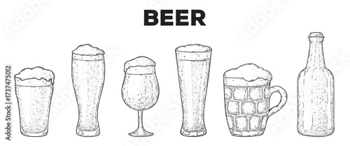 Set of sketches of different beer glasses. Hand drawn vector illustration. Gastropub, gastrobar, pub.,drink beer. Detailed design element.