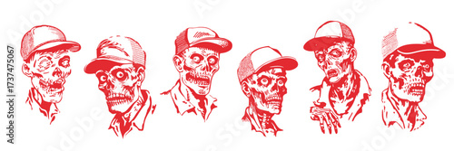 Halloween zombie trucker cap character design element set in vintage horror sketch style