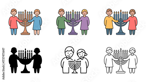 Vector art of set of six hanukkah candle menorah and family icons in different styles