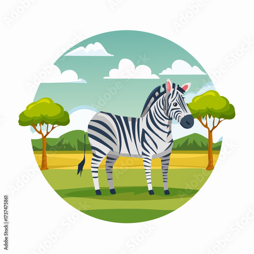 Charming zebra standing gracefully in a vibrant African savanna landscape under a bright sky with fluffy clouds and acacia trees