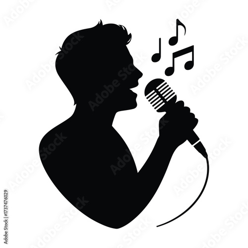 Silhouette of a male singer holding a vintage microphone with musical notes floating above