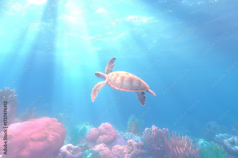 Fototapeta premium Serene underwater scene with graceful turtle in vibrant coral reef