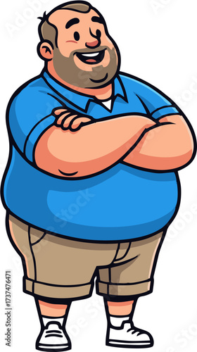 Happy and friendly cartoon man with a beard and crossed arms, smiling contentedly in a casual outfit