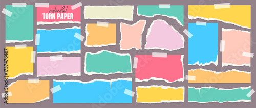 Set of colorful torn paper sheet or ripped business notebook page with grunge texture and paint brush stroke effect. Newspaper strip, ribbon, adhesive tape, glued plastic sticker or sticky note mockup