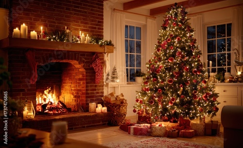 Cozy interior scene featuring a decorated Christmas tree, fireplace, and festive decor