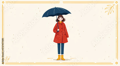 Cartoon Woman with Umbrella in Rainy Weather Concept Illustration in Autumnal Setting Design