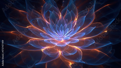 An ethereal, glowing flower composed of overlapping, translucent petals in shades of blue & orange against black