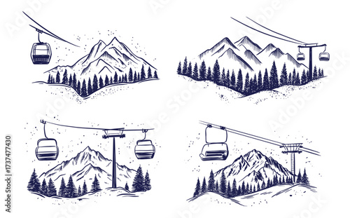 Ski lift in the mountains hand drawn illustration.	
