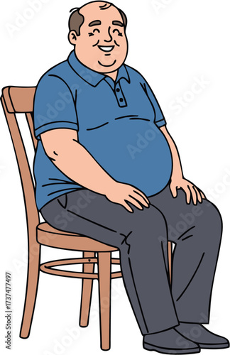 Smiling overweight man sitting on a wooden chair, light blue shirt and gray pants, cartoon illustration