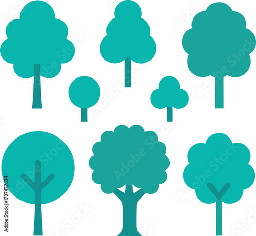 Diverse teal green plane tree vector icons bundle for urban design scalable eps