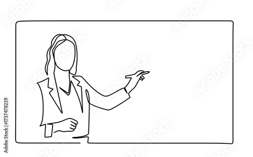continuous line art of a female lecturer teaching and writing on a blackboard