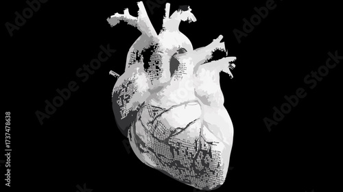Stylized anatomical human heart 3D render. Grayscale medical organ on black background for cardiology, health, and science concepts.