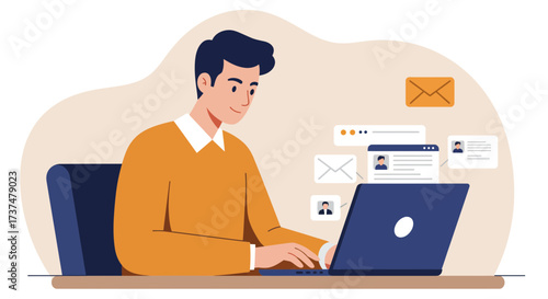 Man working on laptop, sending email and browsing profile online