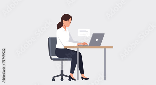 Woman working on a laptop at a desk in an office
