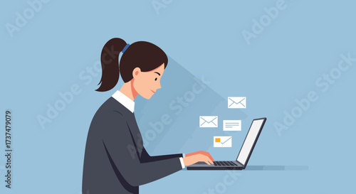 Focused Woman Sending Emails on Laptop Digital Communication and Online Work Concept for Modern Professionals