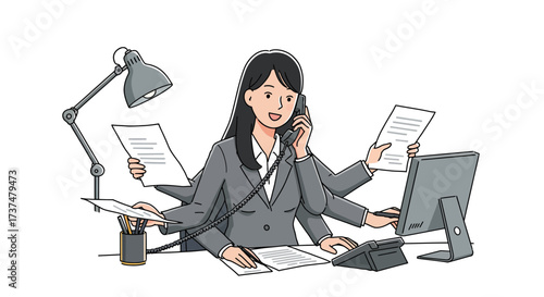 Extremely Busy Businesswoman Multitasking in Office Managing Multiple Tasks with High Efficiency
