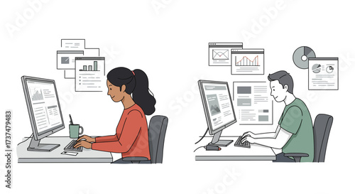 Business Professionals Analyzing Data and Reports on Computers for Productivity