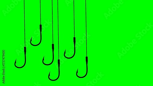 Animation of many fishing hooks moving down and then up against a green background. The concept of catching fish in the ocean.