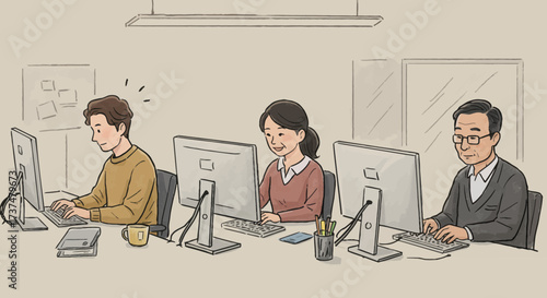 Illustration of diverse colleagues working diligently on computers in an office environment