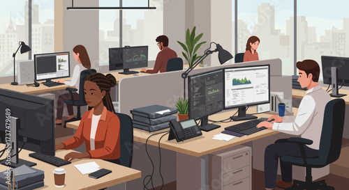 Diverse Team Collaborating in Modern Office Space with City View