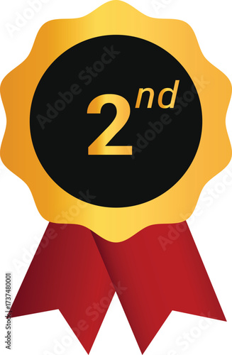 Shiny Gold Second Place Award Rosette with Red Ribbons