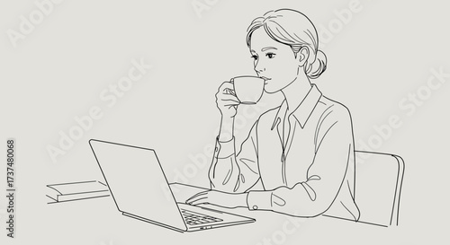Woman Enjoying Coffee While Working on Laptop - Line Art Illustration