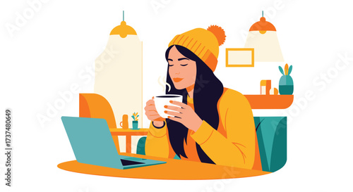 Autumn Comfort: Girl Enjoying Hot Drink While Working Remotely at a Coffee Shop. 