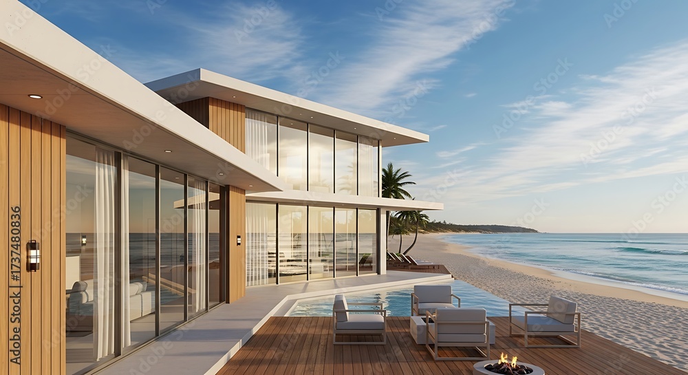 Fototapeta premium Modern Beachfront House with Ocean View and Outdoor Seating.