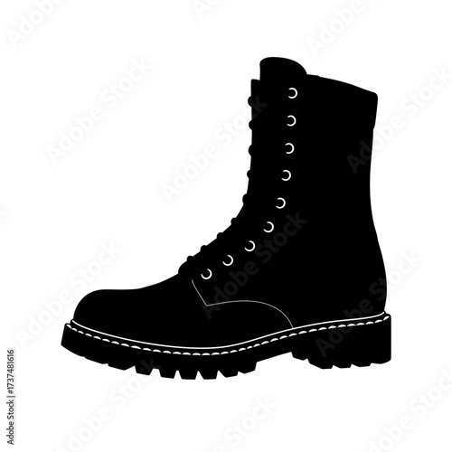 Classic black combat boot silhouette with white stitching for fashion and style silhouette flat design vector illustration white background