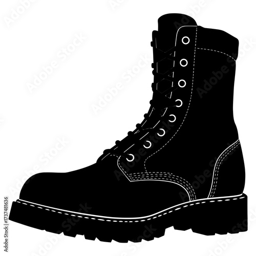 Durable black work boot silhouette with laces and thick sole for rugged footwear needs silhouette flat design vector illustration white background